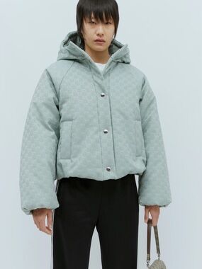 Gucci Pastel Mint Green Hooded Monogram Puffer Cropped Jacket